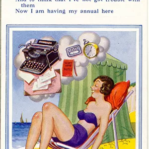 Comic postcard, Woman in deckchair at the seaside, dreaming of all the office work she