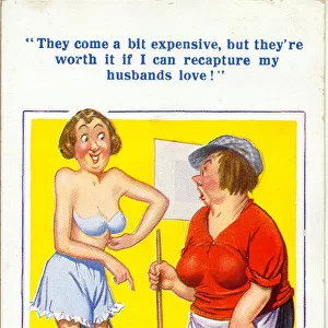 Comic postcard, Woman in expensive underwear chats to cleaning lady Date