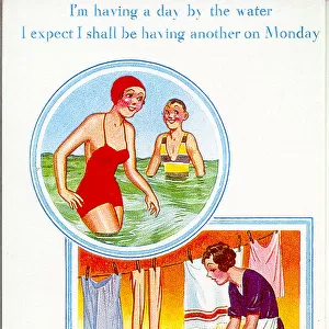Comic postcard, Woman on holiday, in the sea, then home again