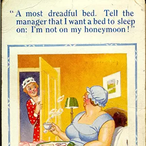 Comic postcard, Woman in hotel bedroom Date: 20th century