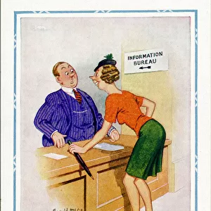 Comic postcard, Woman at Information Bureau Date: 20th century
