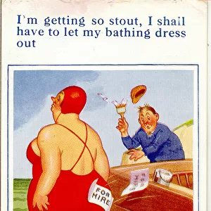 Comic postcard, Woman, man and boat at the seaside Date: 20th century
