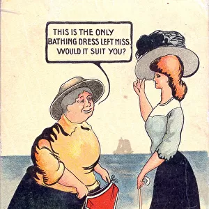Comic postcard, Woman offers bathing dress Date: early 20th century