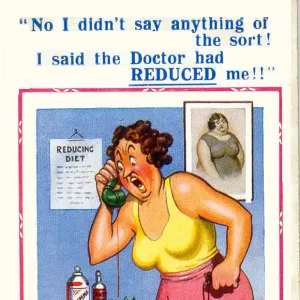 Comic postcard, Woman on the phone - reducing diet Date: 20th century