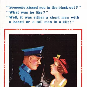 Comic postcard, woman and policeman in blackout, WW2 - how to identify the man who kissed