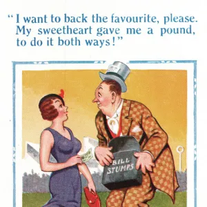 Comic postcard, woman at the races with bookie, placing a bet both ways Date