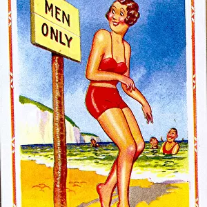 Comic postcard, Woman in red bikini at the seaside - Men Only Date: 20th century