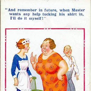 Comic postcard, Woman reprimands servant Date: 20th century