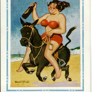 Comic postcard, Woman riding donkey on beach with bottle of stout Date: 20th century