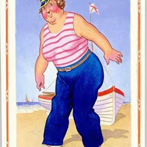 Comic postcard, Woman in sailors costume at the seaside Date: 20th century