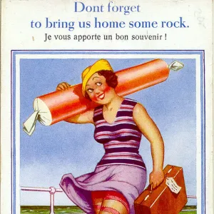 Comic postcard, Woman at seaside with stick of rock