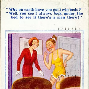 Comic postcard, Woman with twin beds Date: 20th century