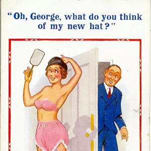 Comic postcard, Woman in underwear, trying on new hat Date: 20th century