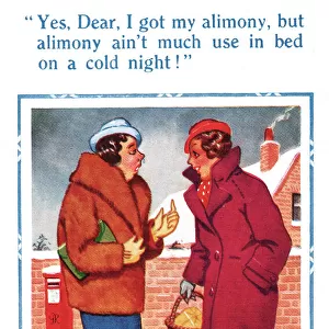 Comic postcard, two women chatting - alimony Date: 20th century
