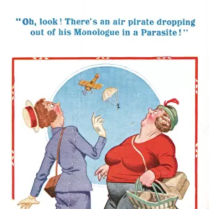 Comic postcard, two women see a parachute, WW2 - Theres an air pirate dropping out of