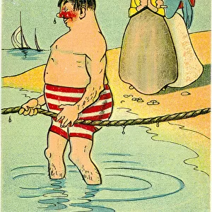 Comic postcard, Two women watch a man bathing in the sea Date: 20th century