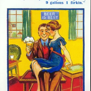 Comic postcard, Young couple in a pub Date: 20th century