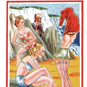 Comic postcard, Young women on the beach, man with camera Date: 20th century
