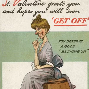 Comic Valentines Postcard - Old Maid about to be blown up