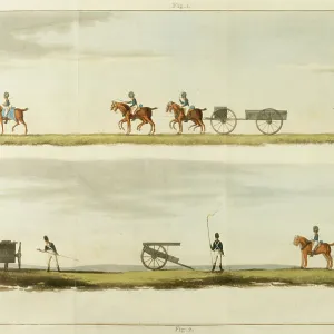 Congreve rocket carriages in transit and in action Date: 1827