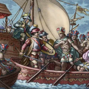 Conquest of Mexico. Capture of Cuauhtemoc. Colored engraving