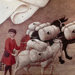 Convoy with mules. 15th century