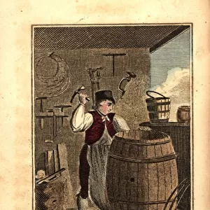 Cooper hammering a metal hoop on a hogshead barrel