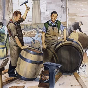 Coopers at work making wooden barrels