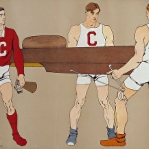 Cornell crew team holding a boat; on left is team coxswain