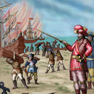 Cortes destroying his fleet. Colored engraving