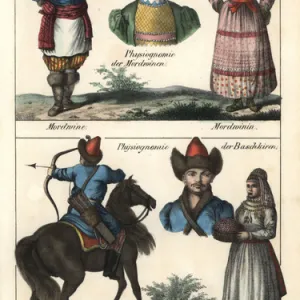 Costumes of Mordovian men and women and Bashkir