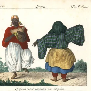 Costumes of Tripoli, Libya, bagpiper and a female dancer