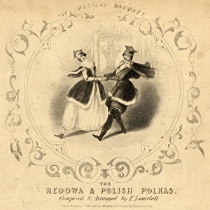 Couple dancing the polka on a music sheet