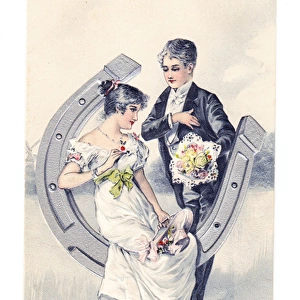Couple on a horseshoe on a wedding postcard