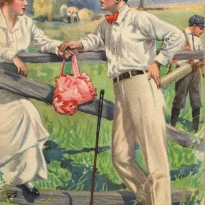 Couple lean on a fence at the golf course Date: 1910