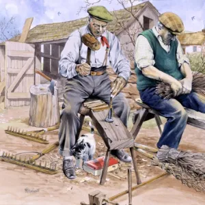 Craftsmen making besom brooms and wooden rakes