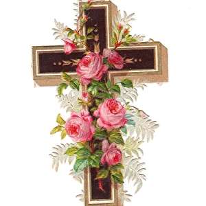 Cross with pink roses on a Victorian scrap