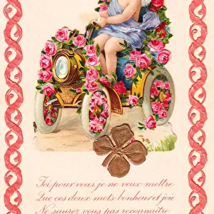 Cupid in a car on a French Valentine card