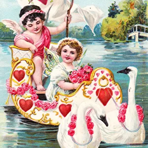 Cupid and fairy with hearts on a New Year postcard