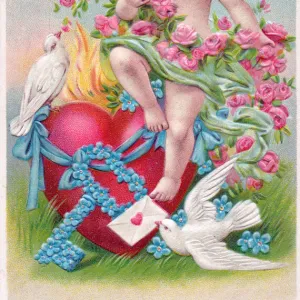 Cupid with flowers, heart and doves on a Valentine postcard