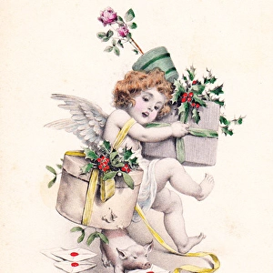Cupid and piglet on a French New Year postcard