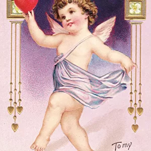 Cupid with red heart on a Valentine postcard