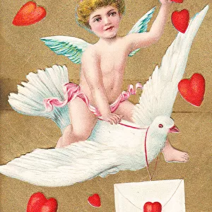 Cupid with red hearts on a Christmas postcard