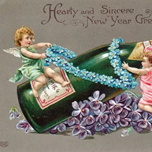 Cupids with a bottle of champagne on a New Year postcard