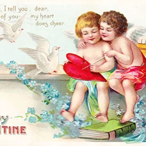 Cupids with heart and doves on a Valentine postcard