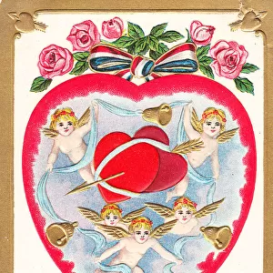 Cupids with hearts and flowers on a Valentine postcard