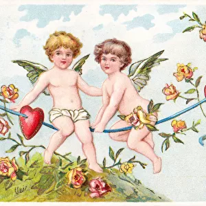 Cupids and red hearts on a Valentine postcard