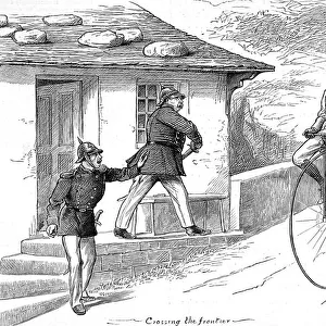 Cyclists at a European Frontier on a Penny Farthing