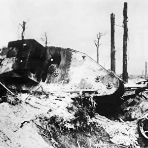 Damaged British male tank, Western Front, WW1