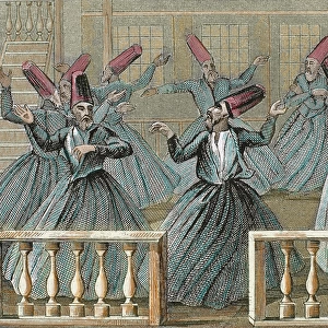 Dance of the Sufi dervishes. 19th century. Colored engraving